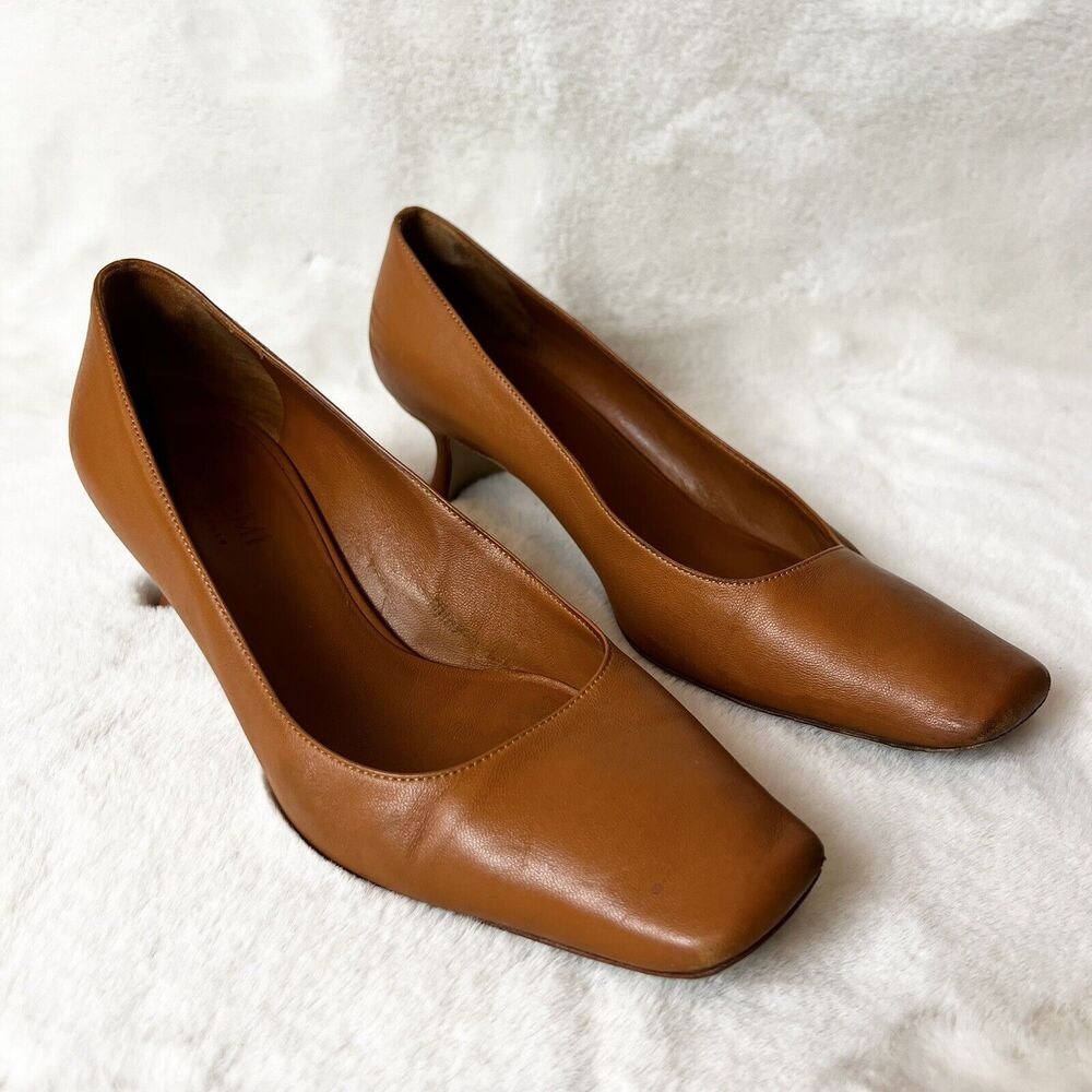 M.Gemi Square Toe Block Heels Shoes Cognac Brown Leather Italy Sz 37 / 6.5 US